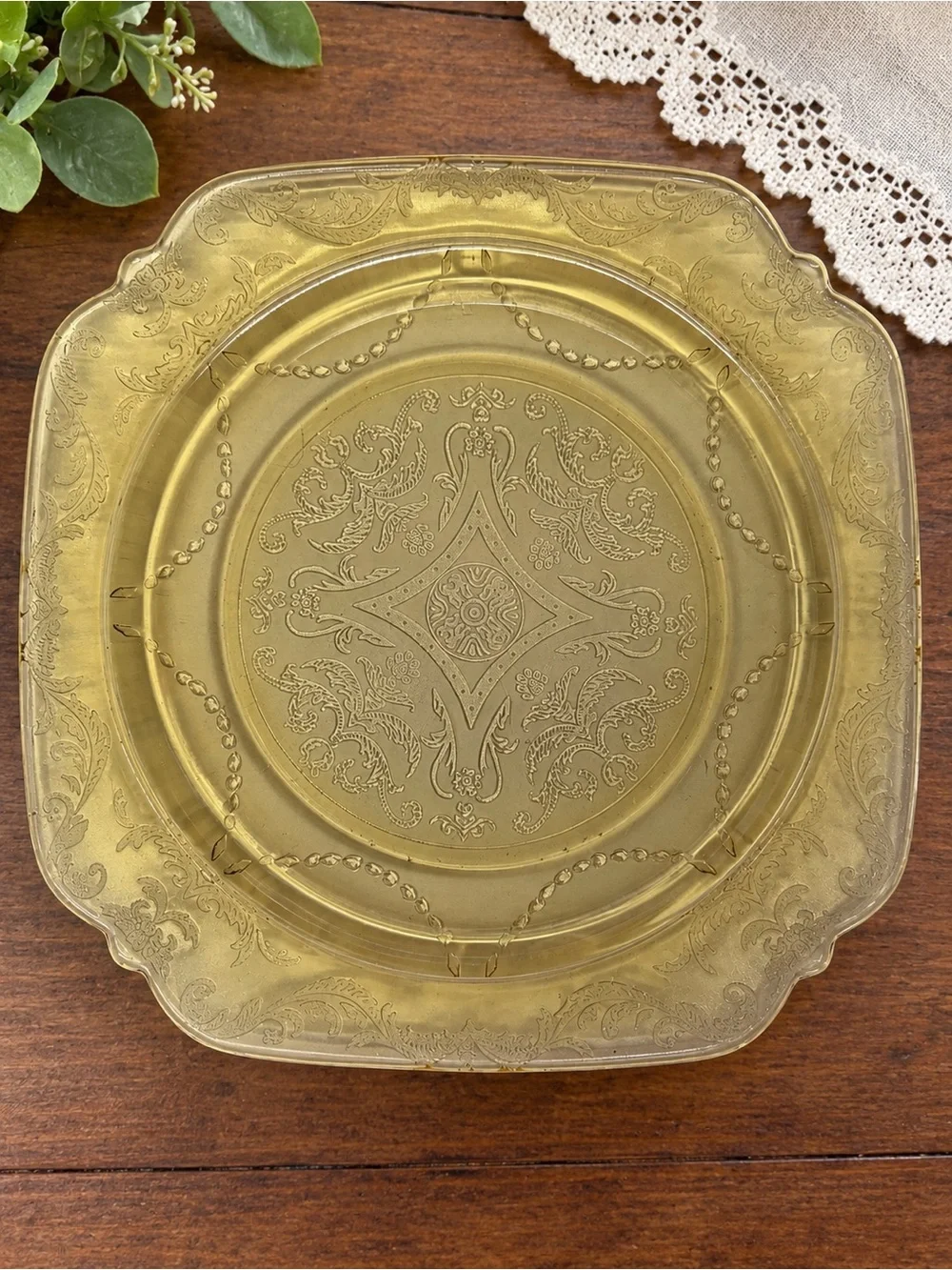 Vintage Amber Depression Glass Plates Set of 4 – Square Ornate Floral Scroll 8.5